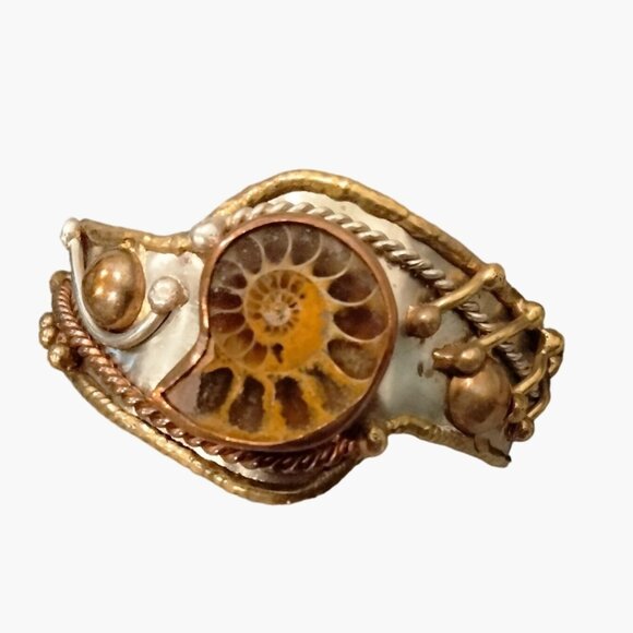 Ammonite Fossil Brass Silver Cuff Bracelet Boho Chic Jewelry Adjustable Unique - Picture 4 of 10